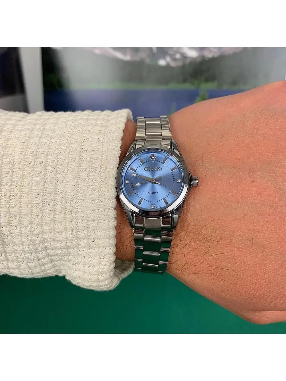 Silver Classy Quartz Round Light Blue Stainless Steel Watch. Stainless steel